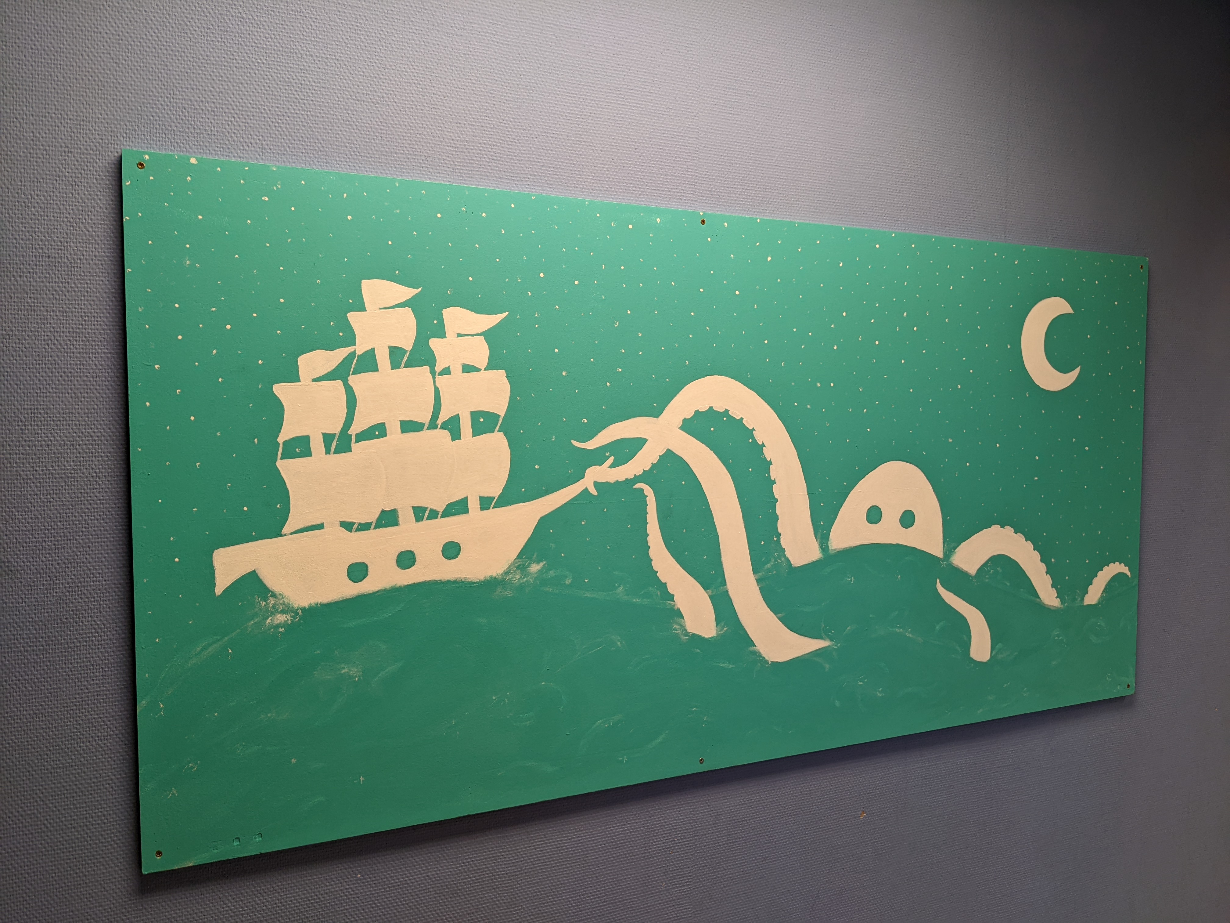 a painting of a giant octopus attacking a three-masted sailing ship under the moon with white figures on a turquose background
