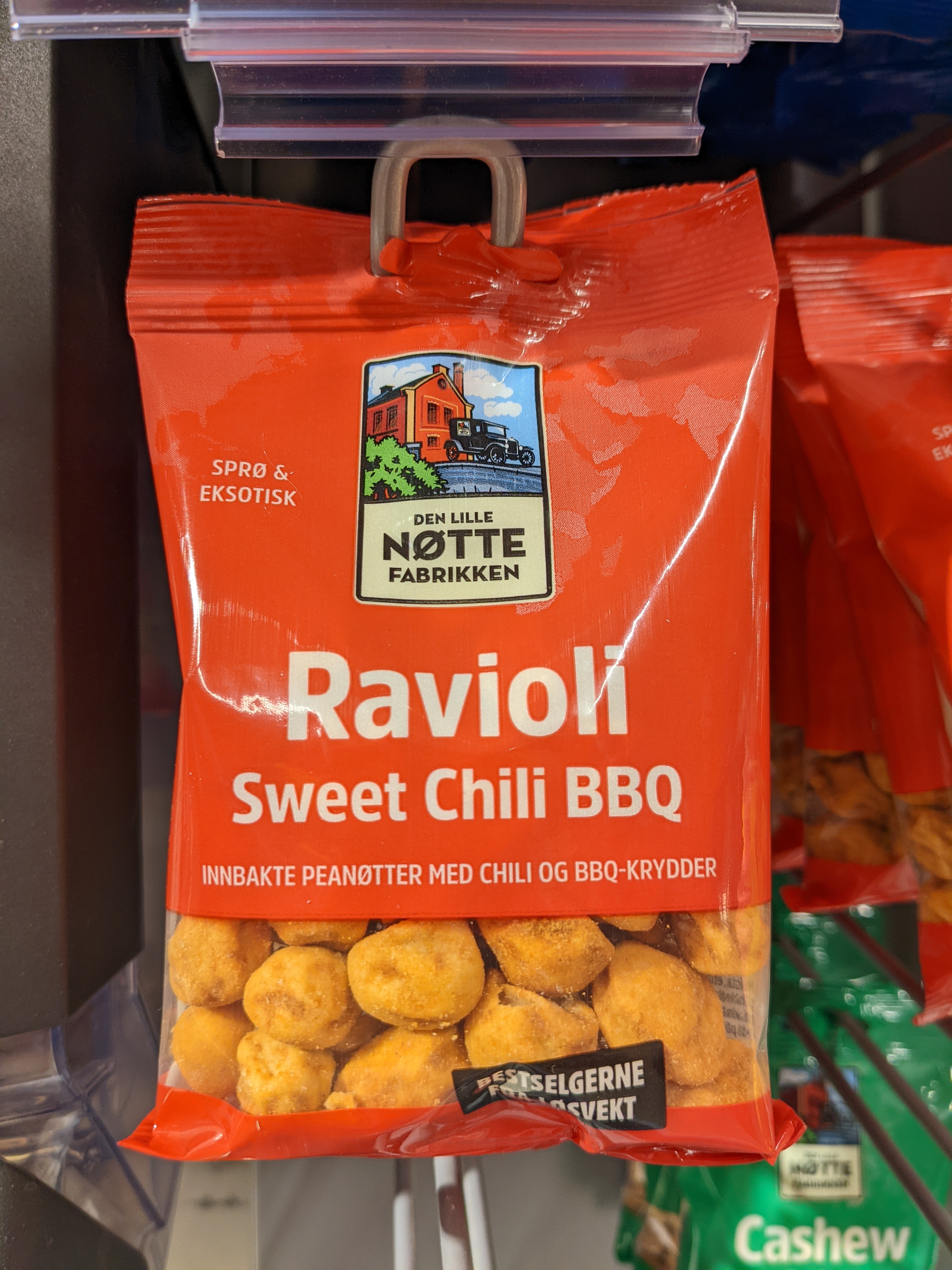 a package of "sweet chili bbq" "ravioli" snacks to be eaten straight from the package