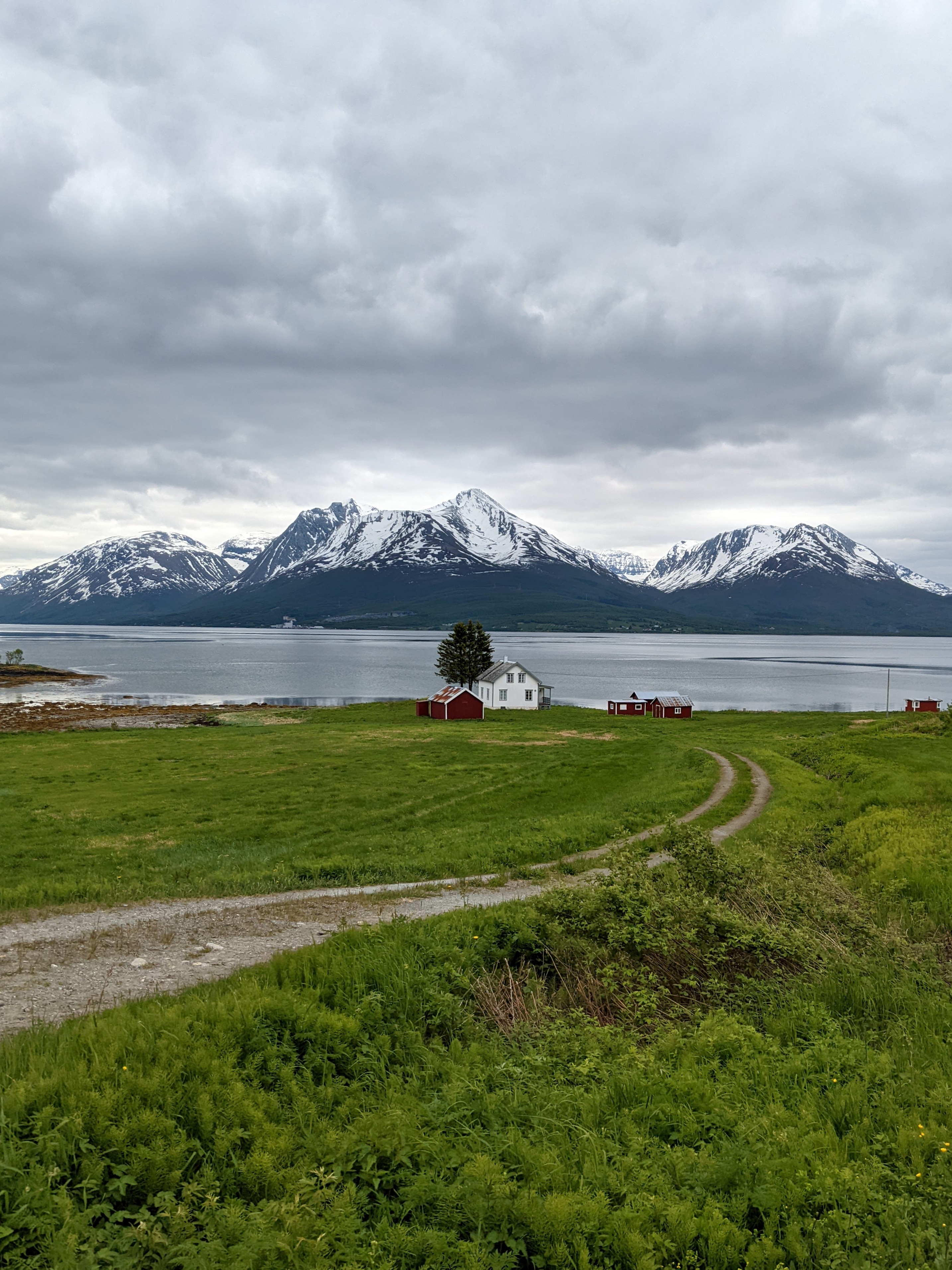 a winding gravel road leads out to a farmhouse and building on the coast