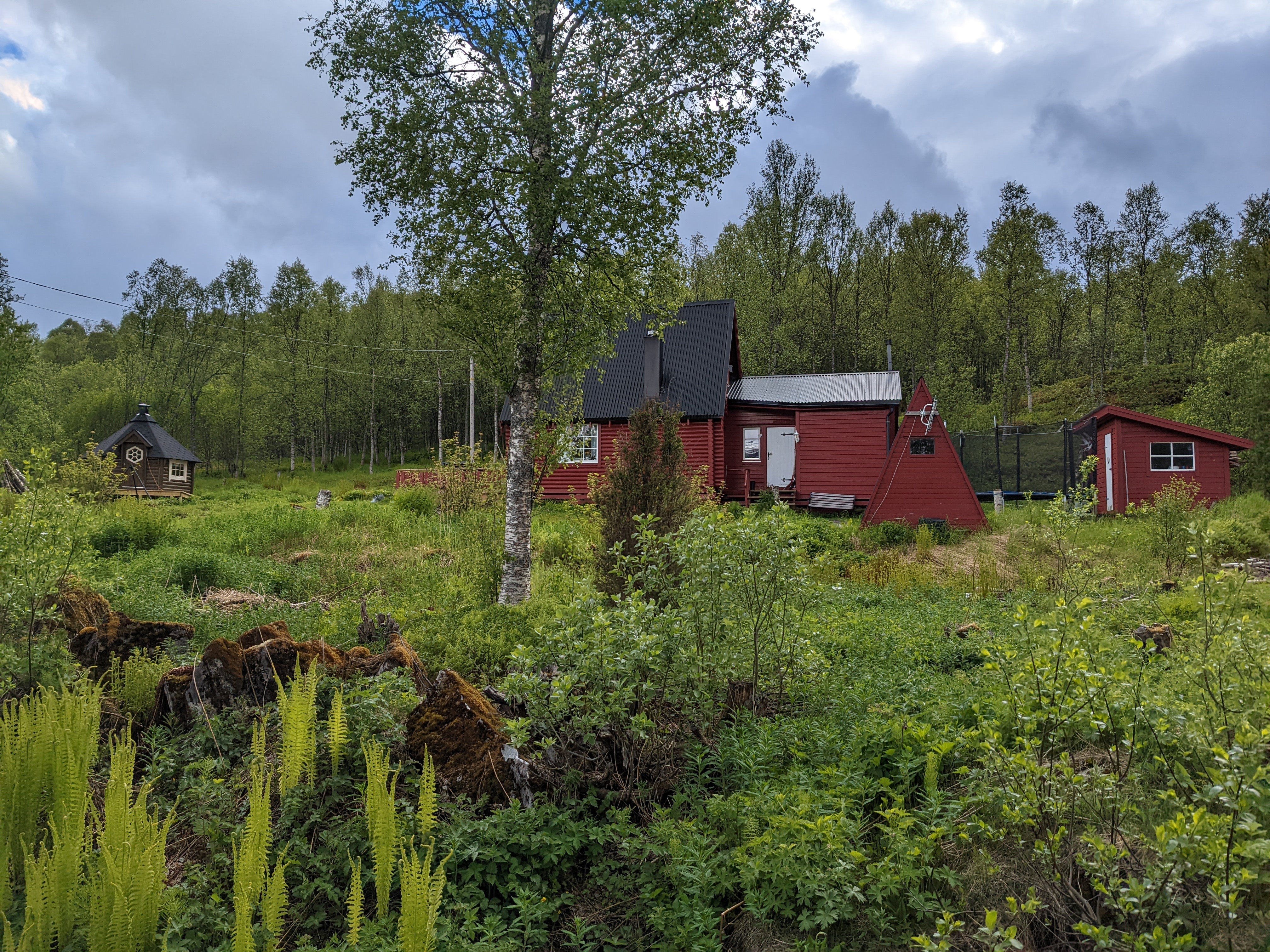 a house in the country, with multiple outbuildings and a trampoline hidden in the background