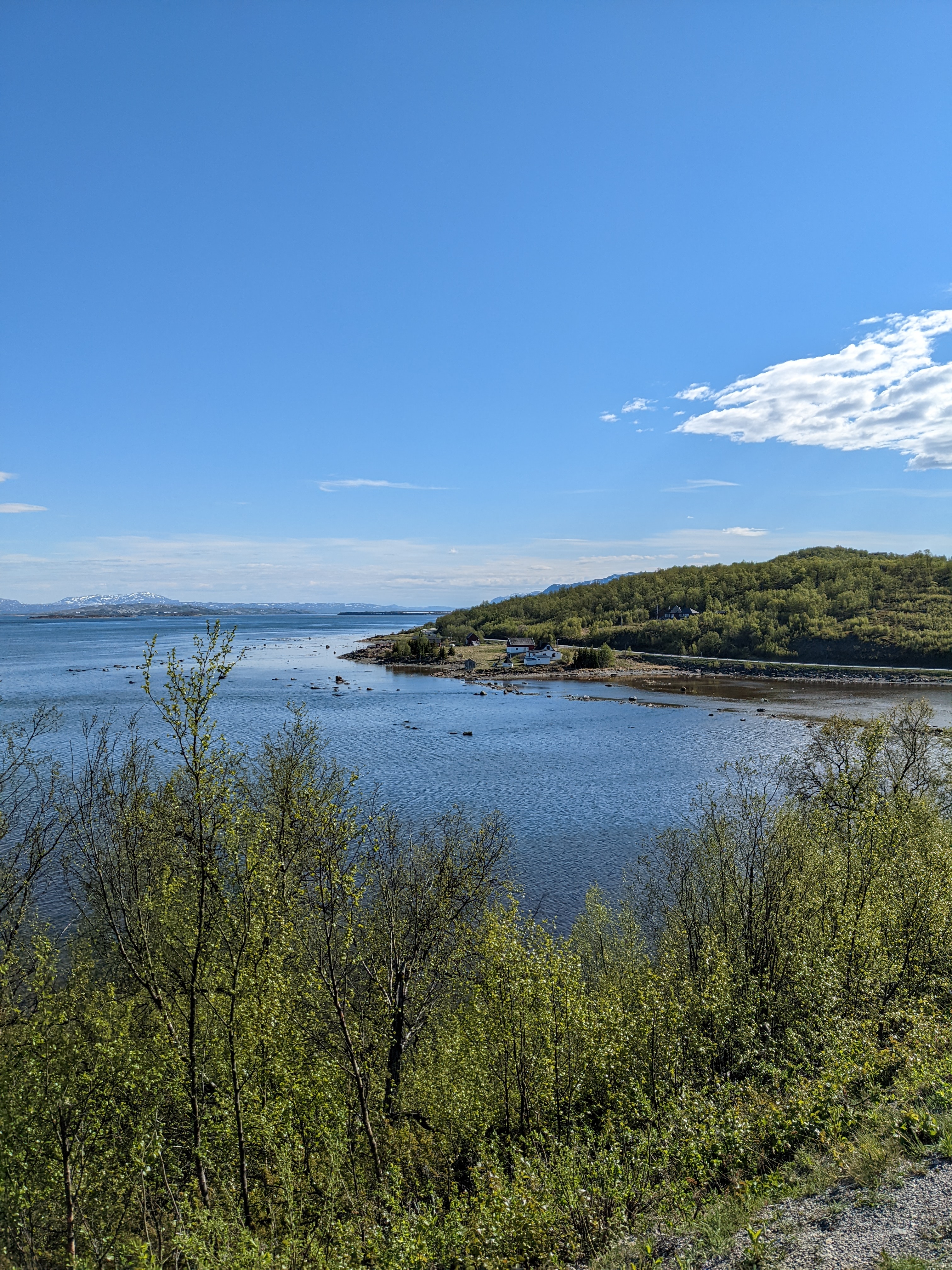 The coast of Porsangerfjord with a few white houses in the distance