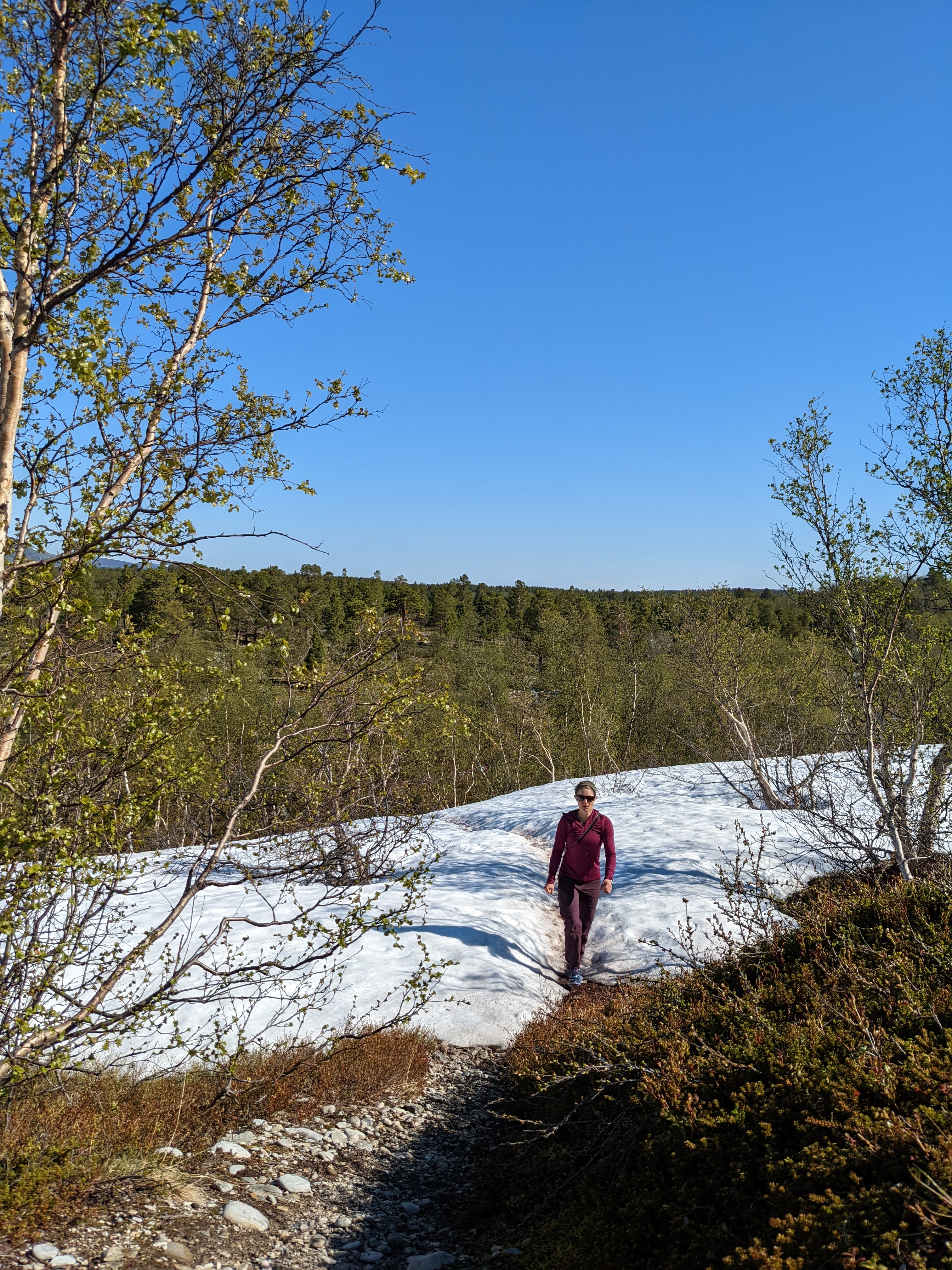 H crests a rise on snow