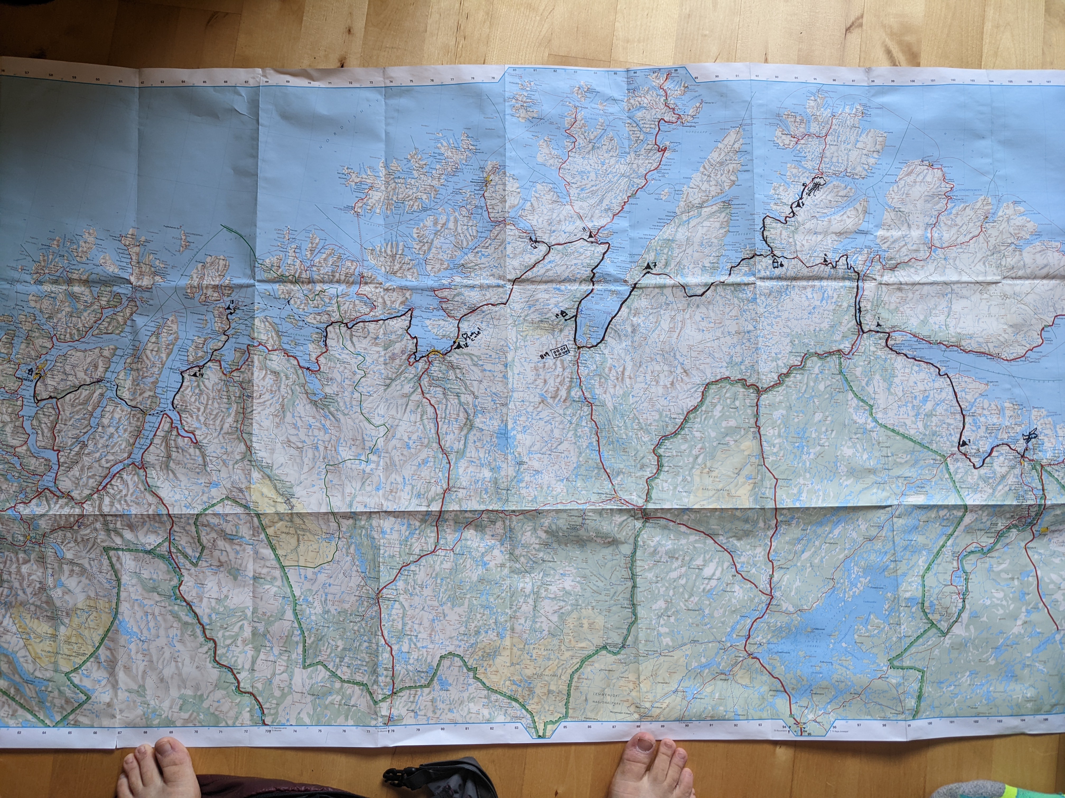 a map of northern norway with our route traced in sharpie