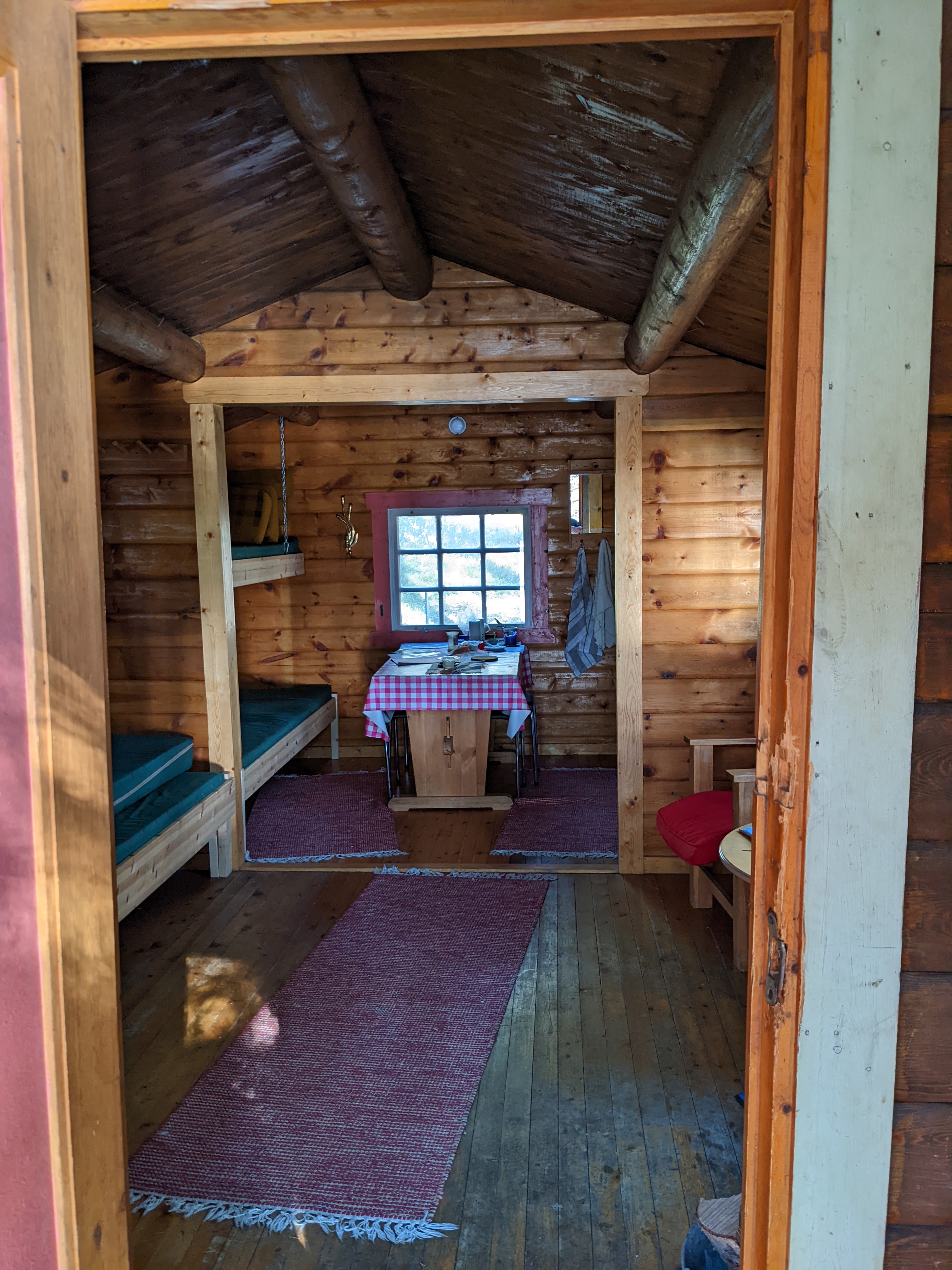 a view into the cabin. wood interior, four bunks, woven rugs and lots of light