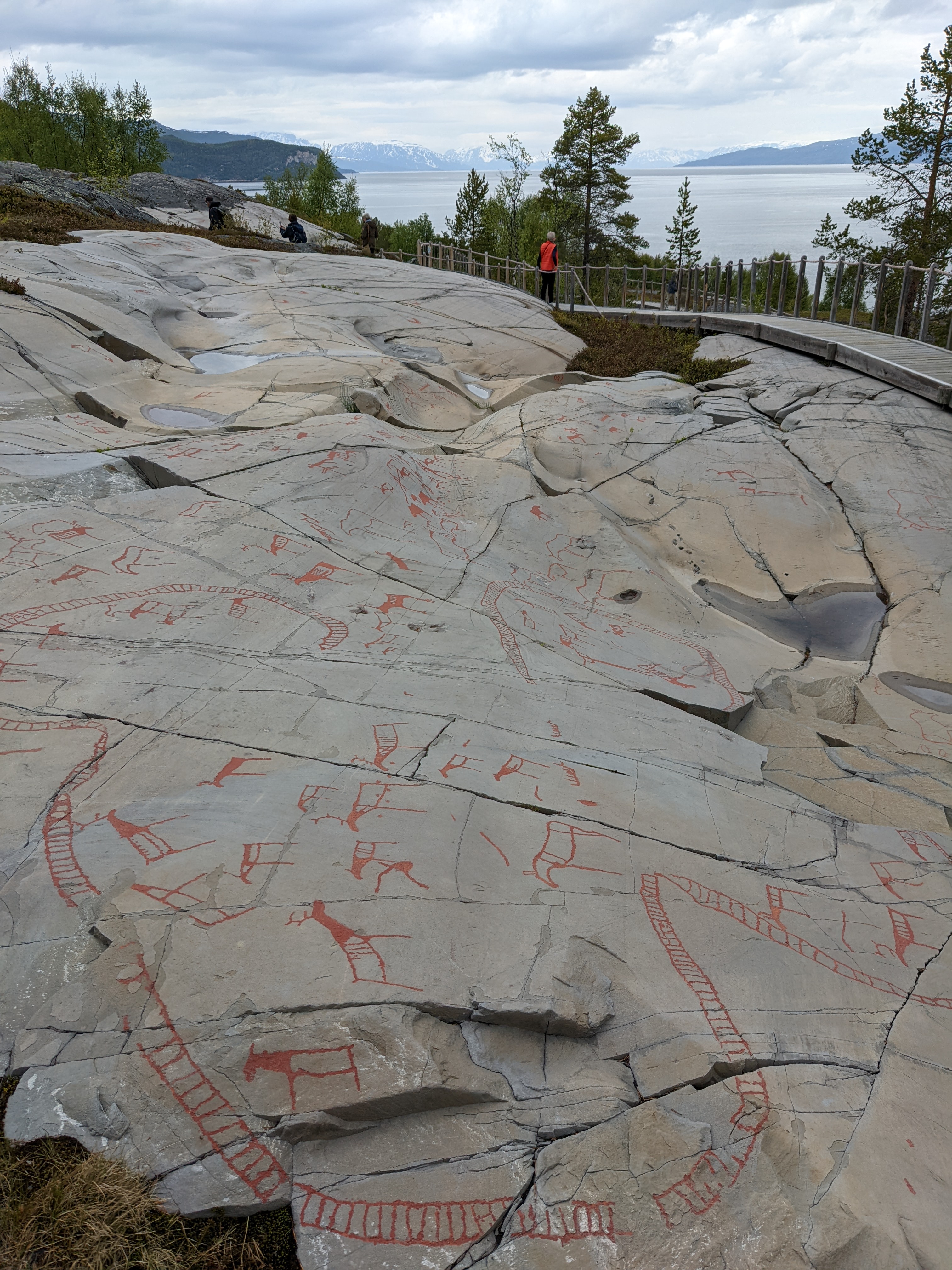 red-painted rock art of caribou in an enclosure