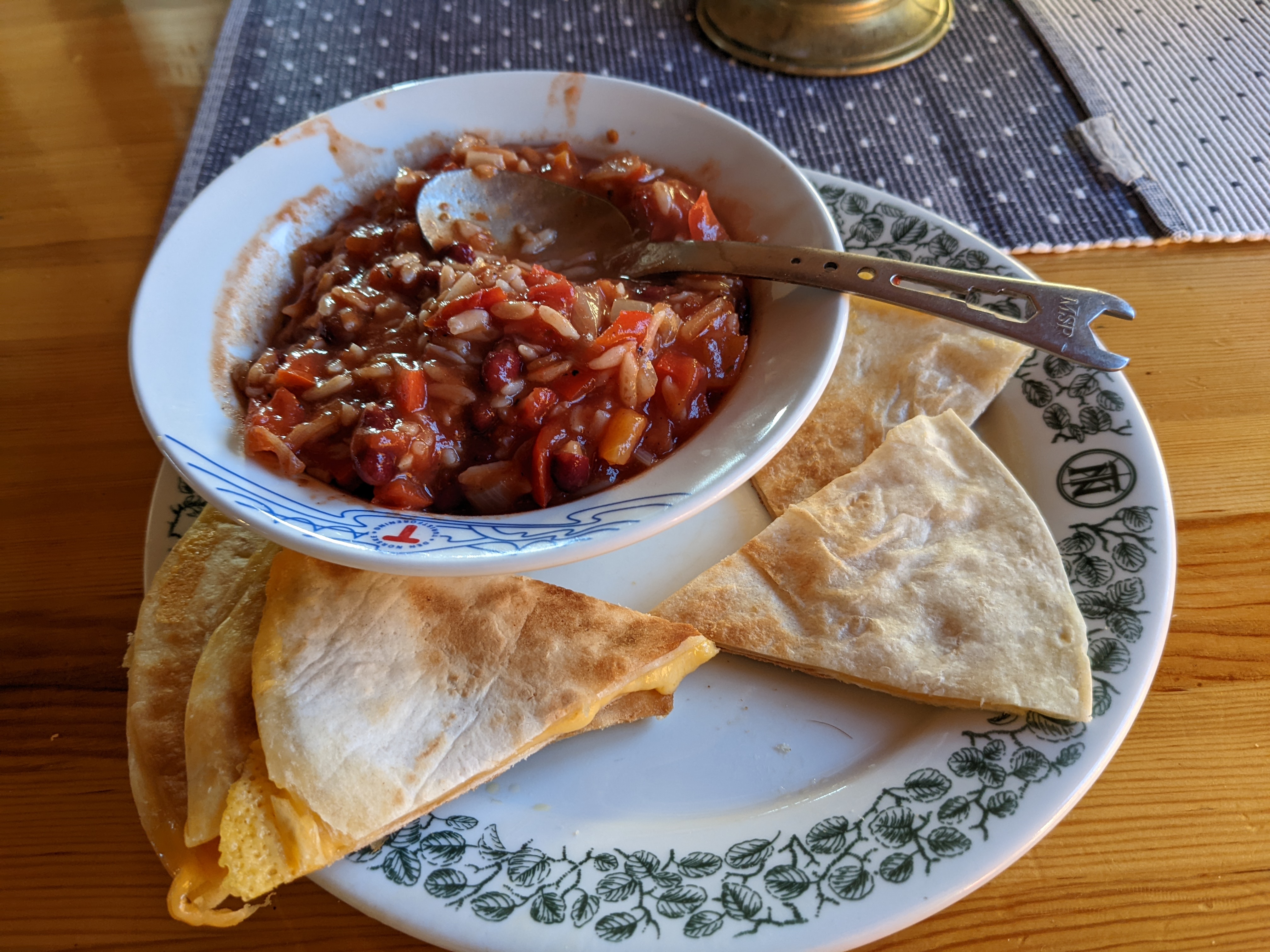 a bowl of chili with quesadillas