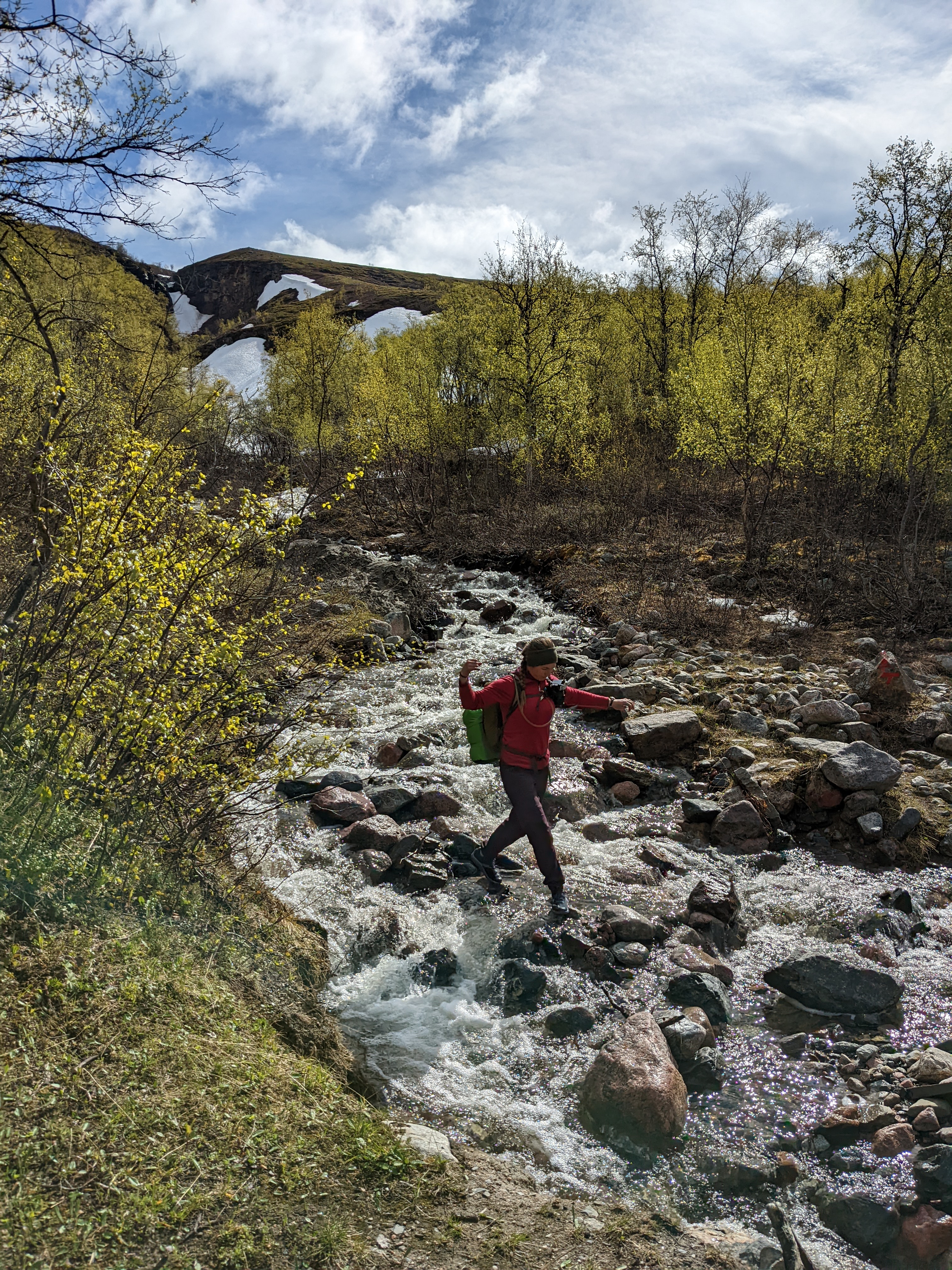 H hopping across rocks in a stream