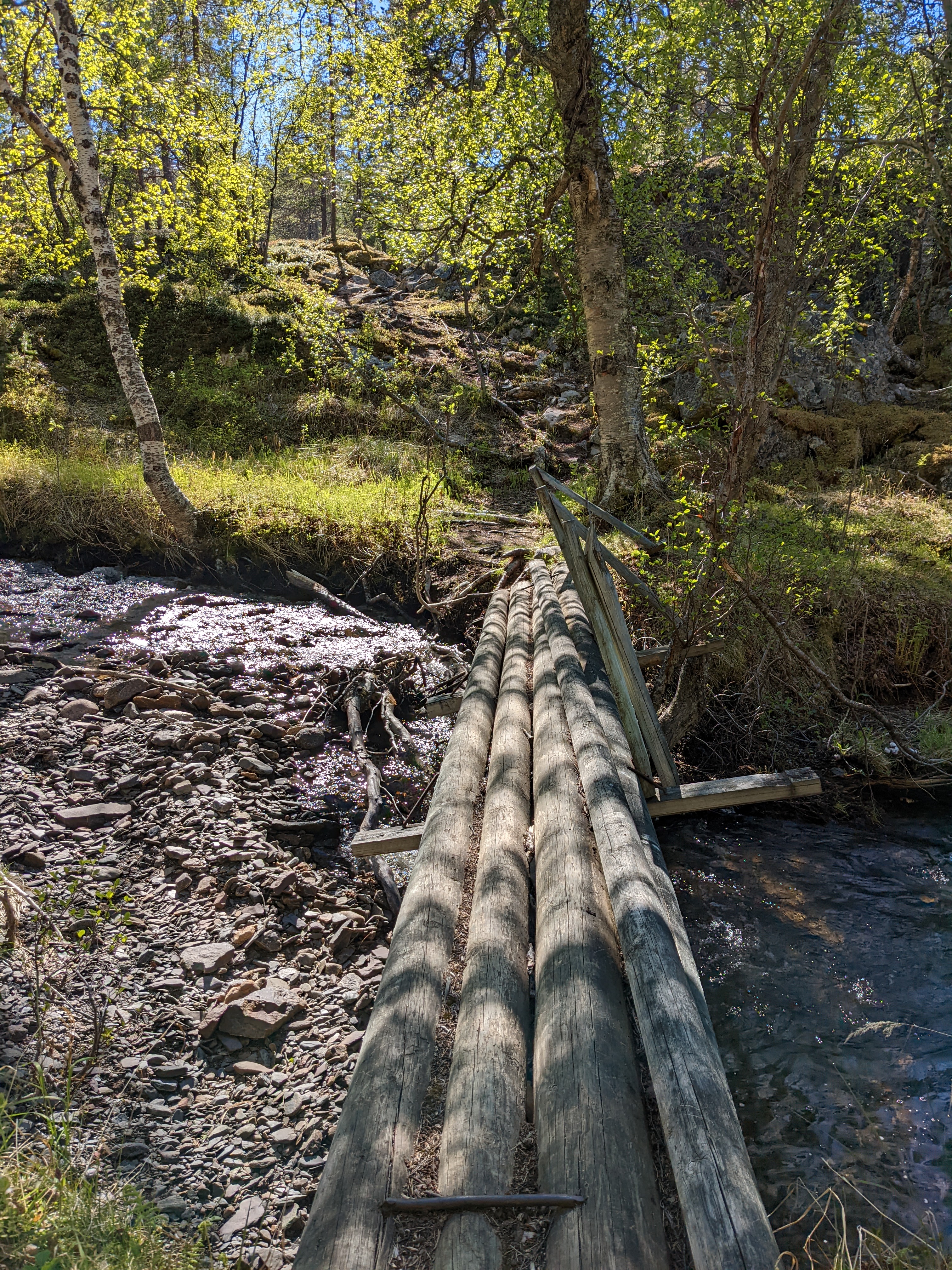 a small, lopsided bridge made of several logs