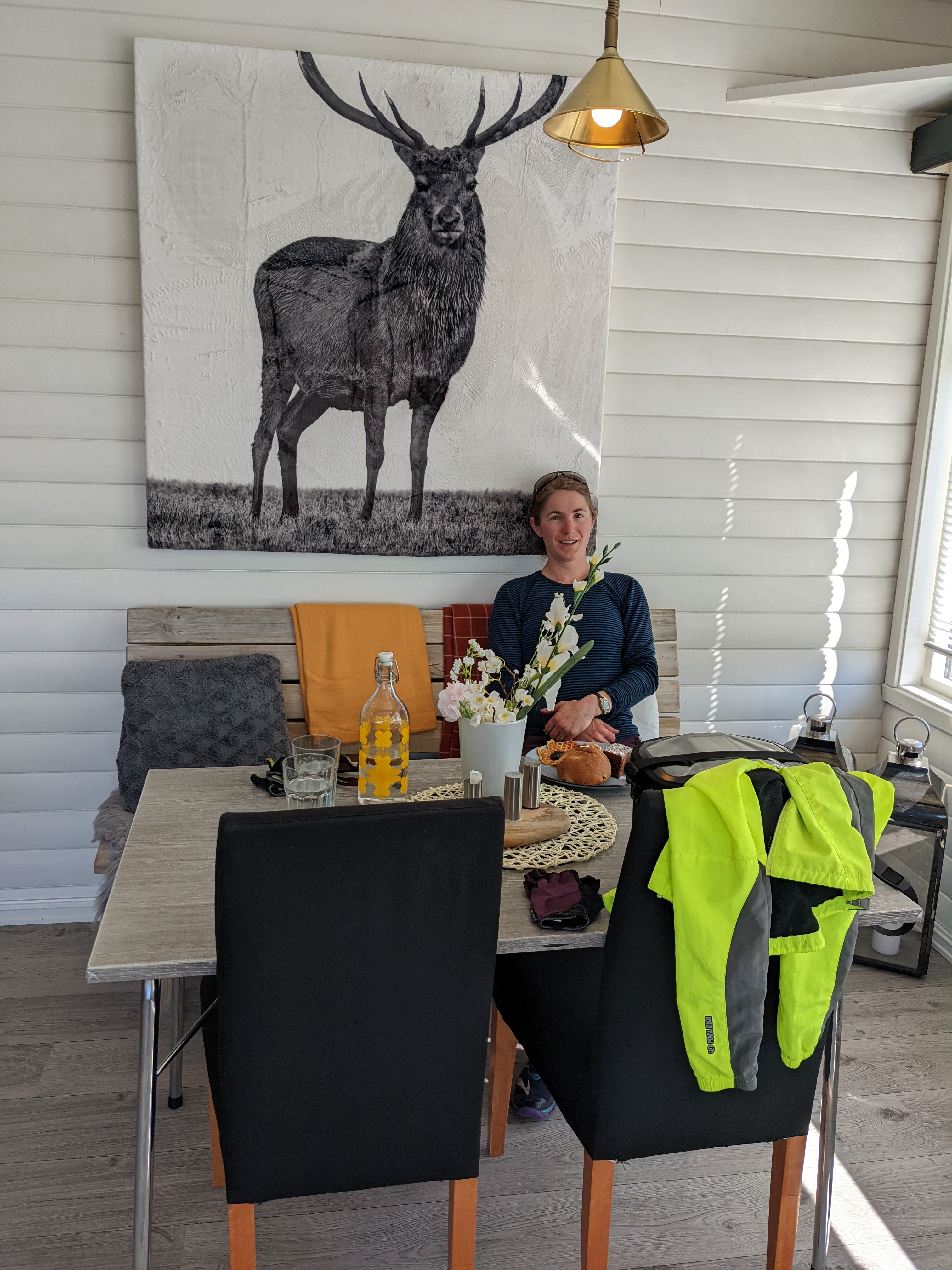 Heidi relaxing with her waffles at the Ifjord Cafe