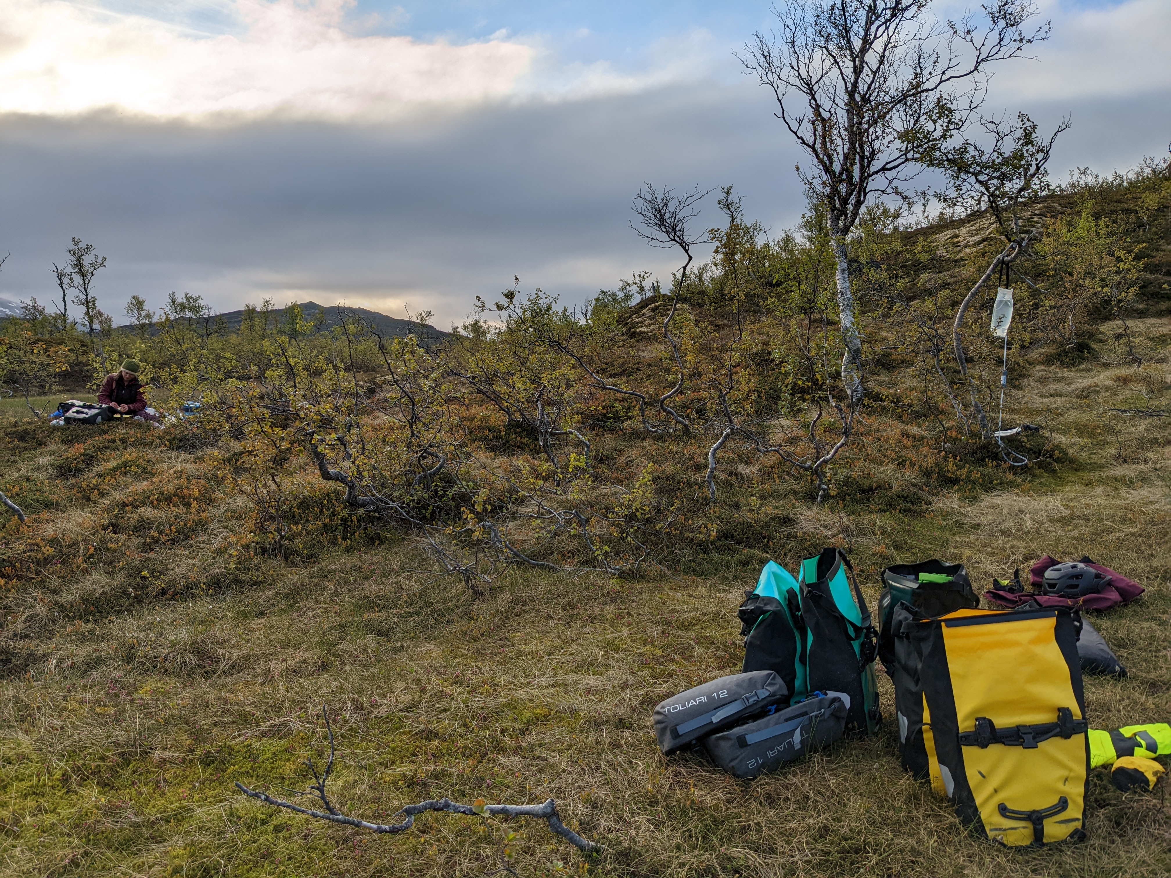 unpacked gear in a peat meadow with water filter hanging from tree and H preparing dinner