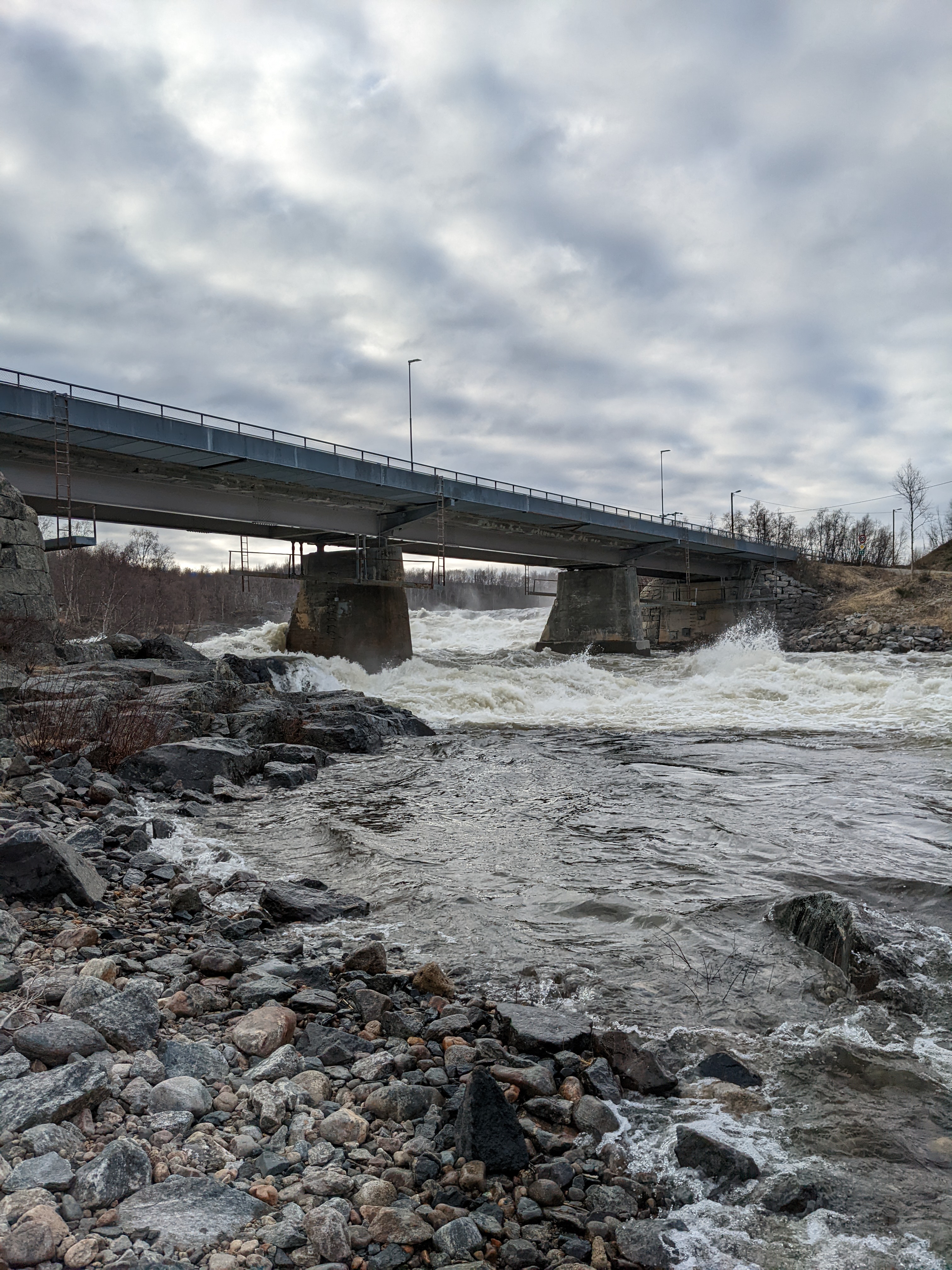 whitewater river rapids under a bridge