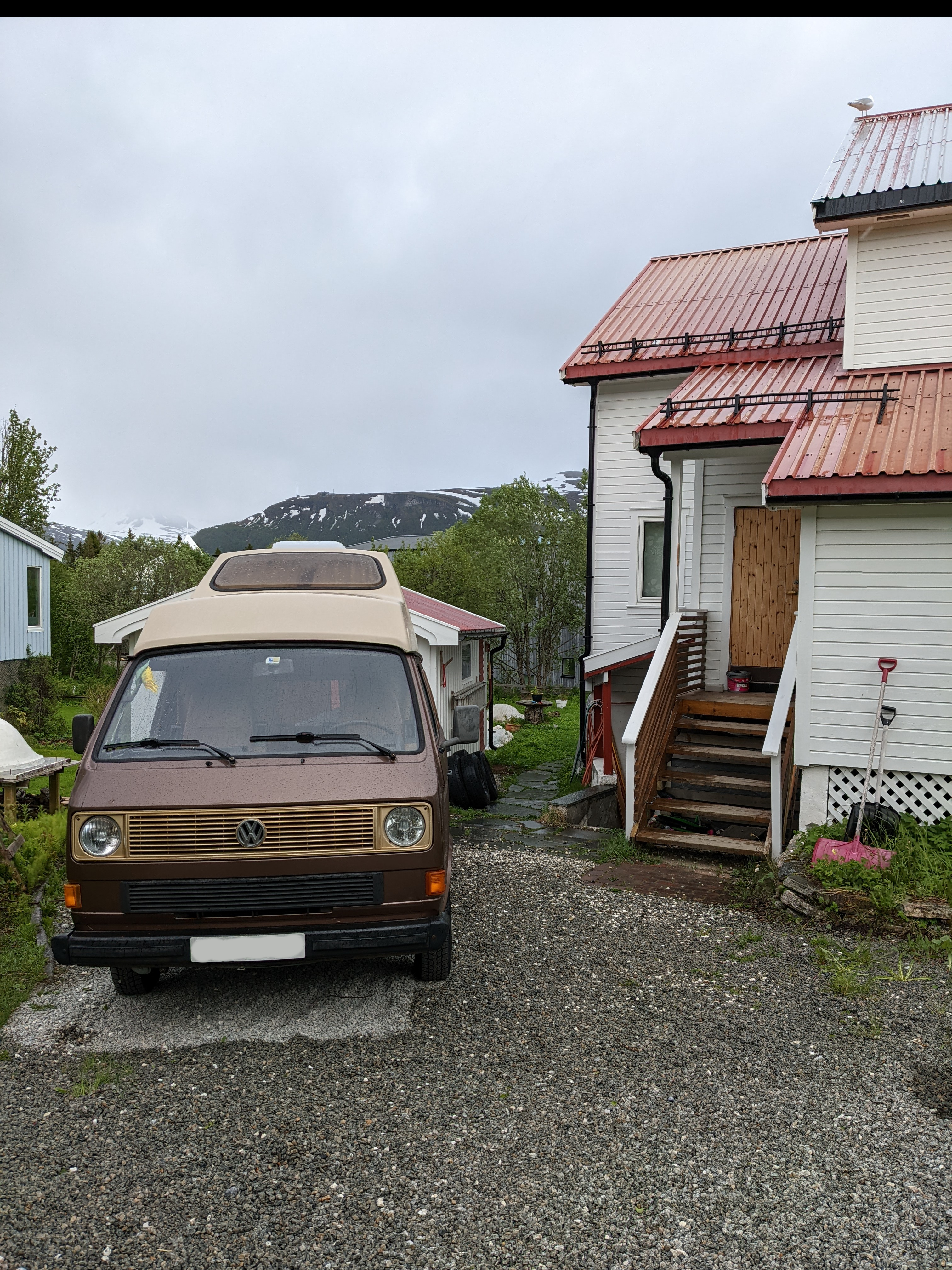 the driveway of the home we stayed in, with a VW camper van parked in it